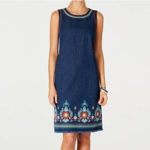 J. Jill Malibu Denim Dress Sleeveless Fringe Pockets Floral Embroidered Small